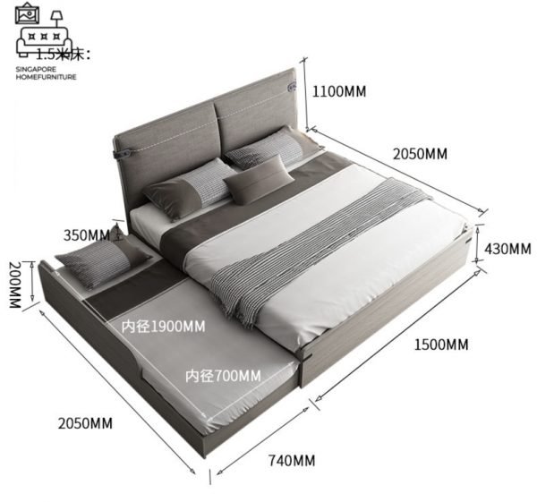 HANNUTE® Pull Out Bed Frame | Normal Bed & Pull Out Bed Available | 2 Sizes: Queen, King | Option: Mattress, Table, Drawers, Shelf | $$$ - Image 4