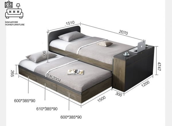 NINOVE® Black Pull Out Bed Frame | Normal Bed & Pull Out Bed Available | 1 Sizes: Small Double | Option: Mattress, Table | $$$ - Image 3